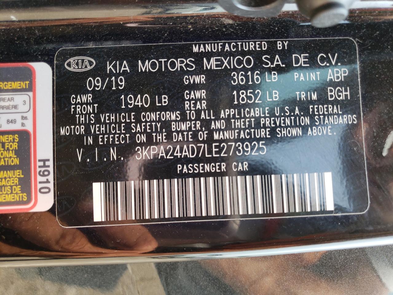 2020 Kia Rio Lx VIN: 3KPA24AD7LE273925 Lot: 64459974