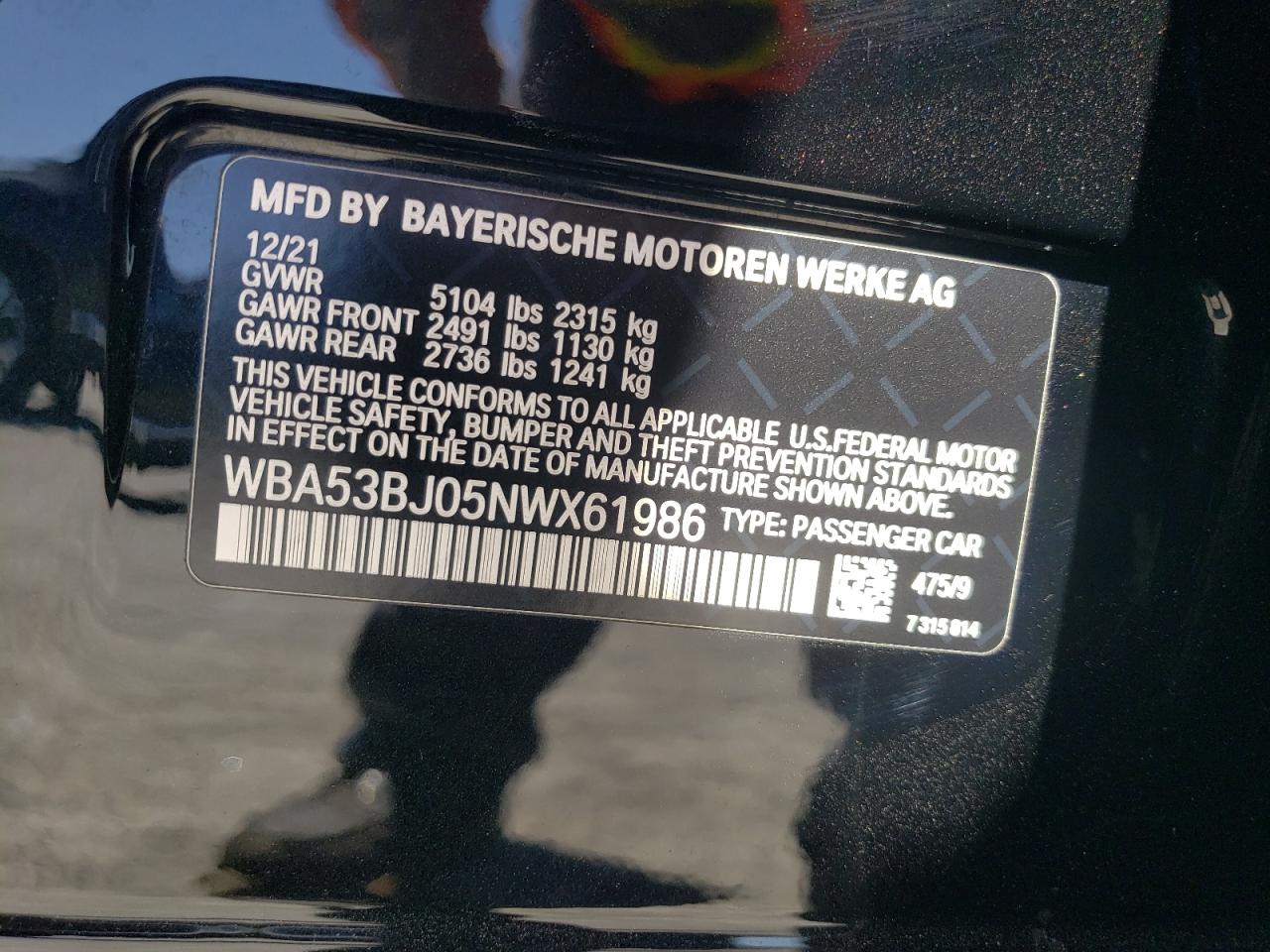 2022 BMW 540 I VIN: WBA53BJ05NWX61986 Lot: 65617234