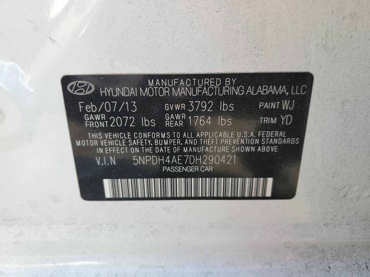 2013 Hyundai Elantra Gls VIN: 5NPDH4AE7DH290421 Lot: 62828834