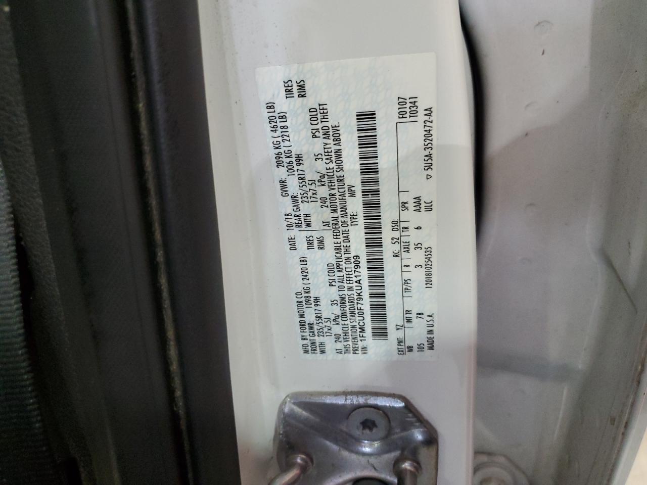 2019 Ford Escape S VIN: 1FMCU0F79KUA17909 Lot: 63274864