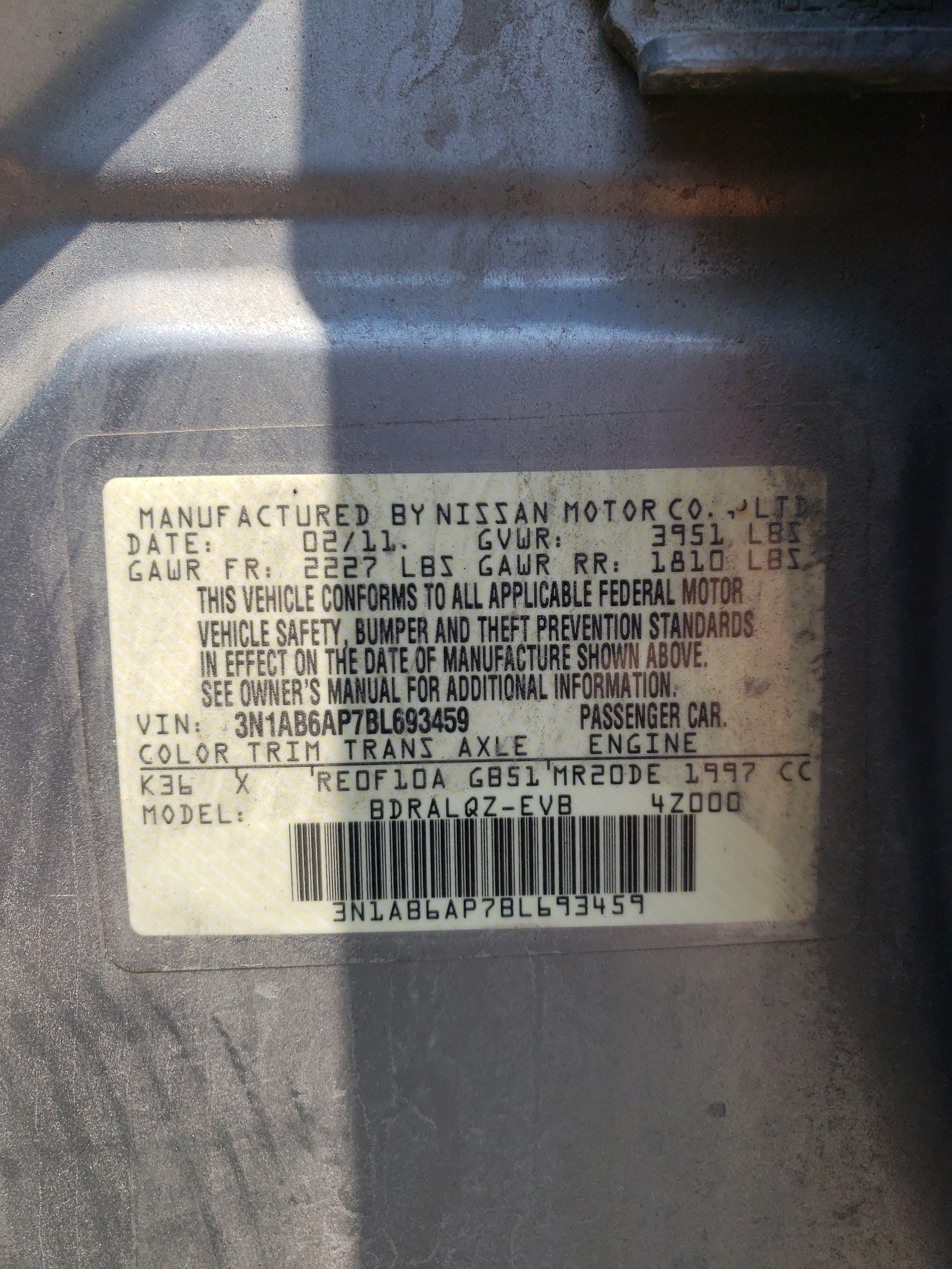 3N1AB6AP7BL693459 2011 Nissan Sentra 2.0