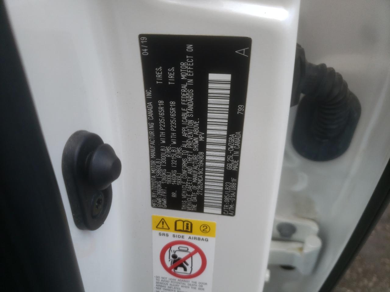 2019 Lexus Rx 350 Base VIN: 2T2BZMCA1KC194908 Lot: 62804994