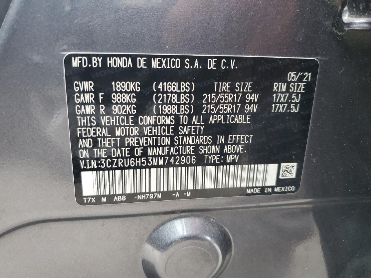 2021 Honda Hr-V Ex VIN: 3CZRU6H53MM742906 Lot: 65163904