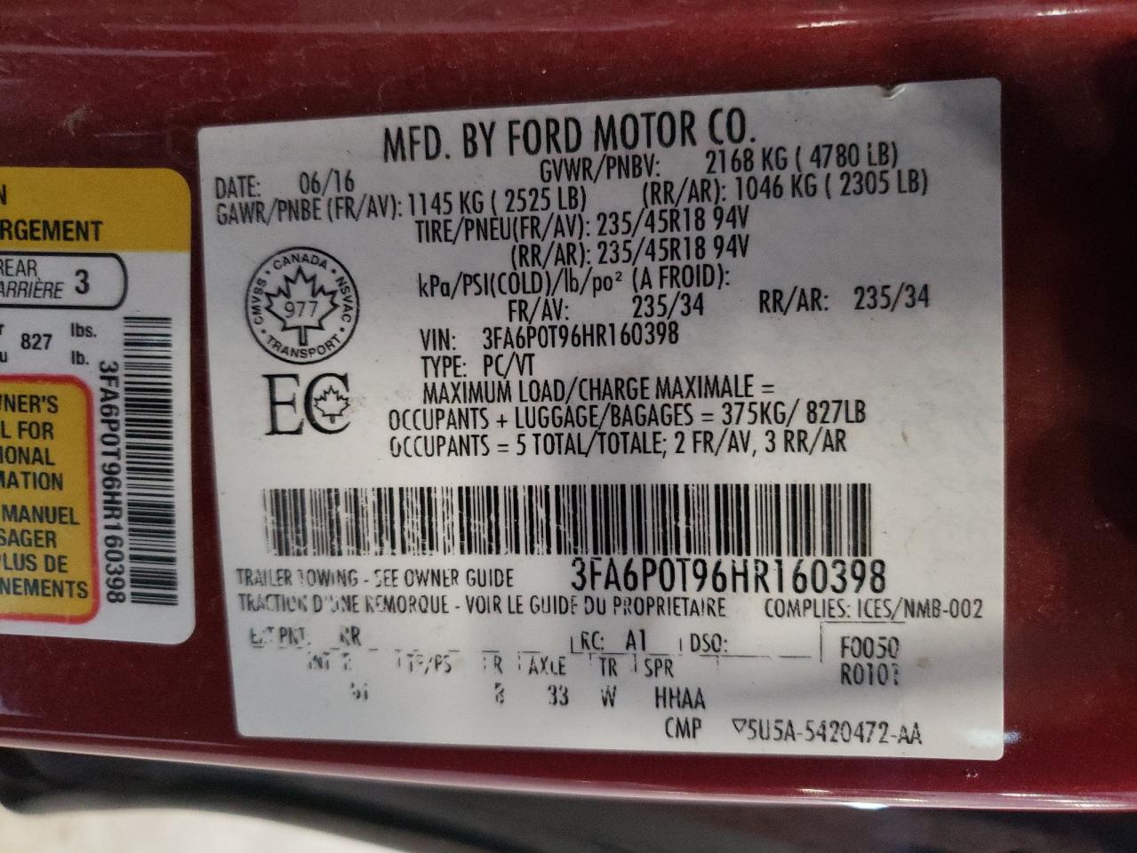 2017 Ford Fusion Se VIN: 3FA6P0T96HR160398 Lot: 63882464