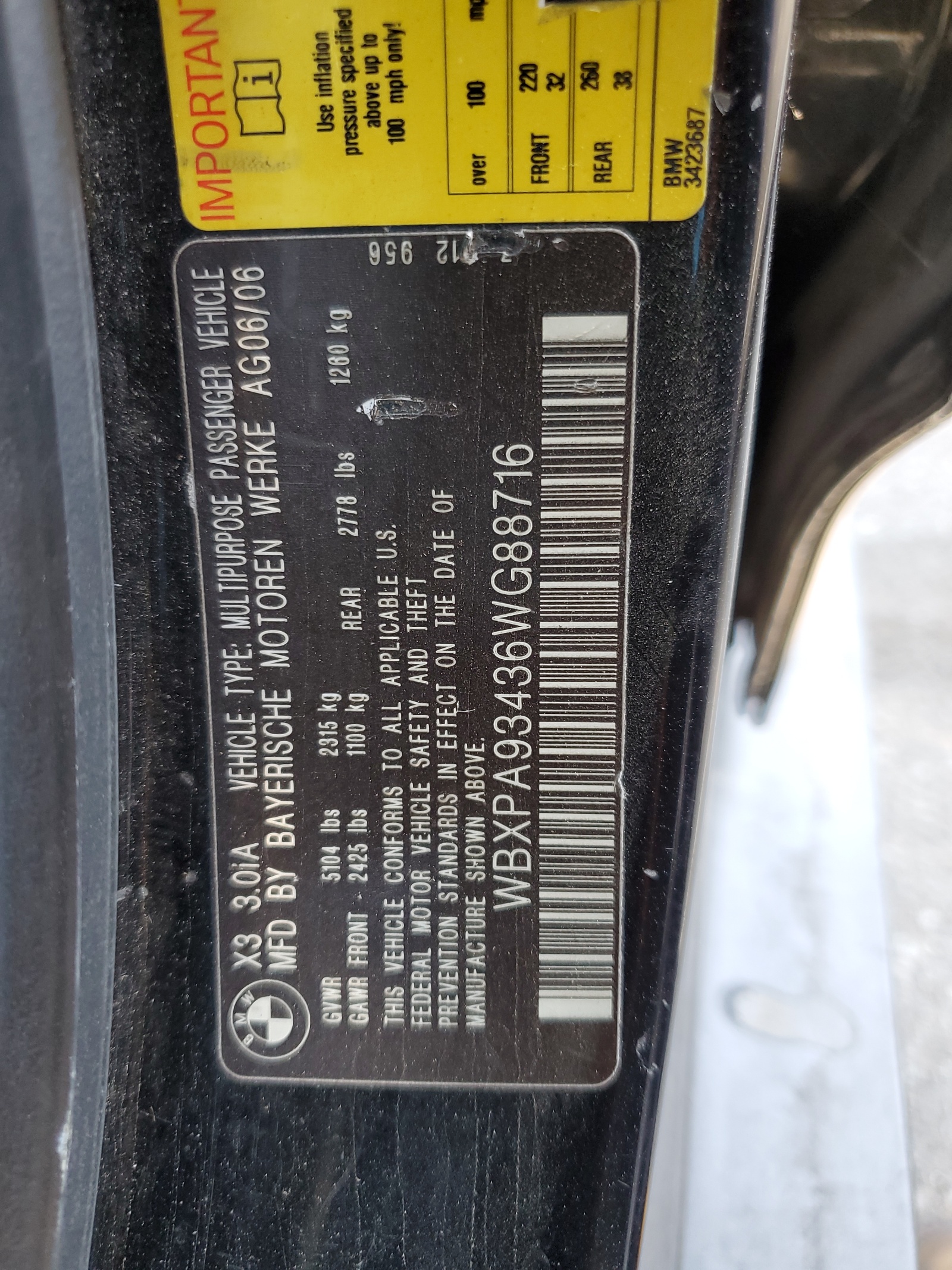 WBXPA93436WG88716 2006 BMW X3 3.0I