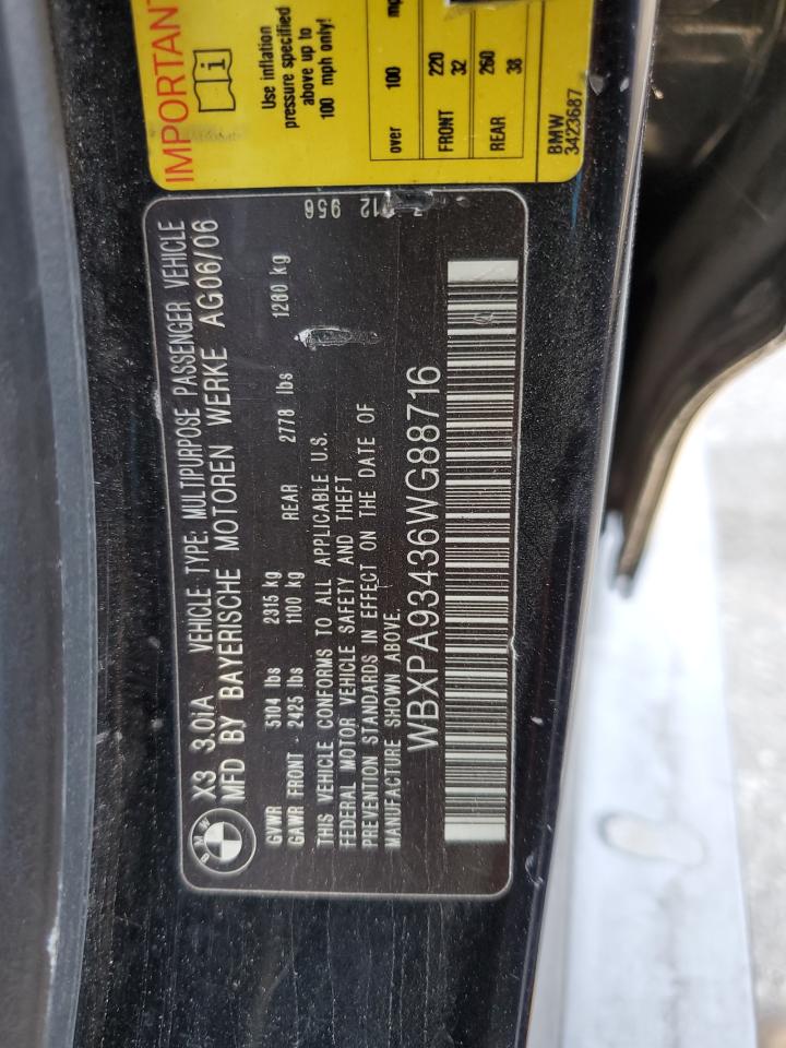2006 BMW X3 3.0I VIN: WBXPA93436WG88716 Lot: 64452584