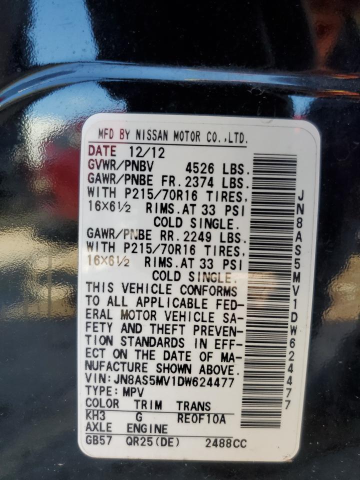 2013 Nissan Rogue S VIN: JN8AS5MV1DW624477 Lot: 63460014