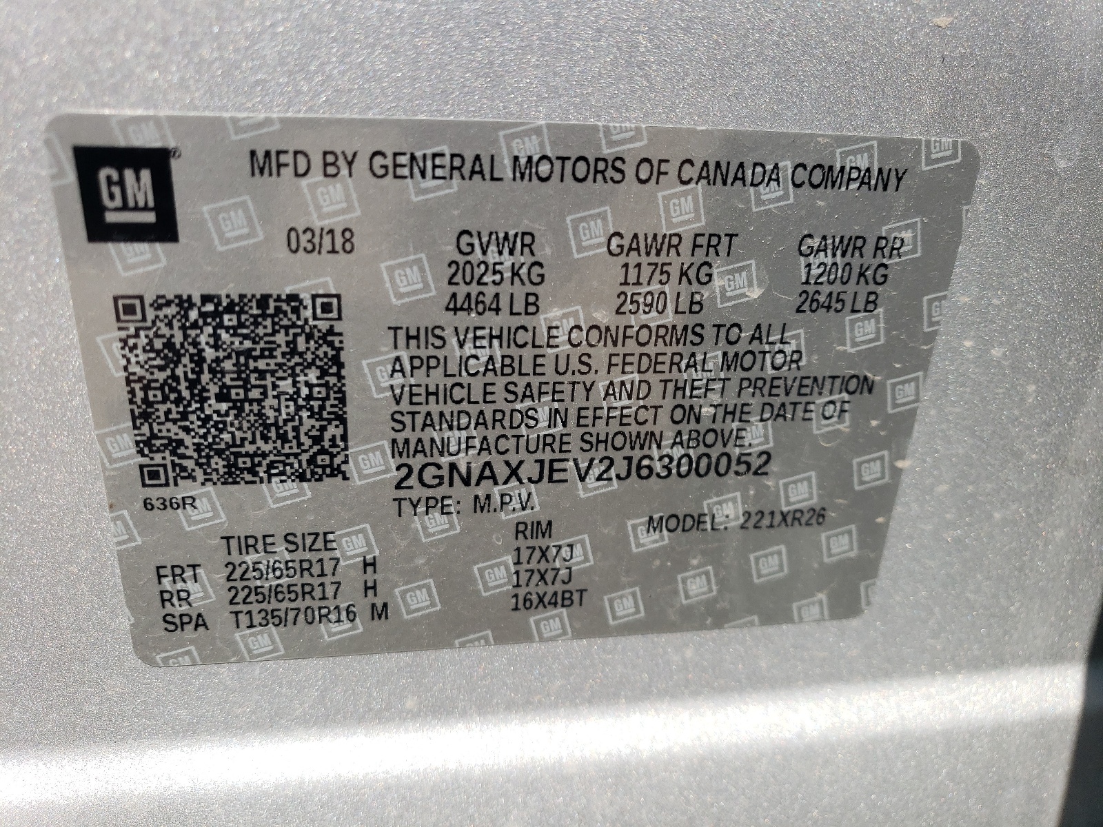 2GNAXJEV2J6300052 2018 Chevrolet Equinox Lt