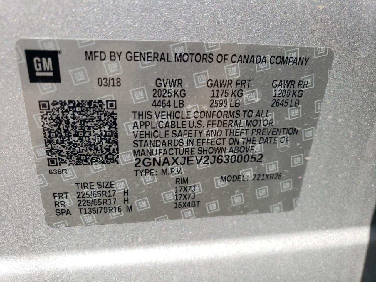 2018 Chevrolet Equinox Lt VIN: 2GNAXJEV2J6300052 Lot: 63749674