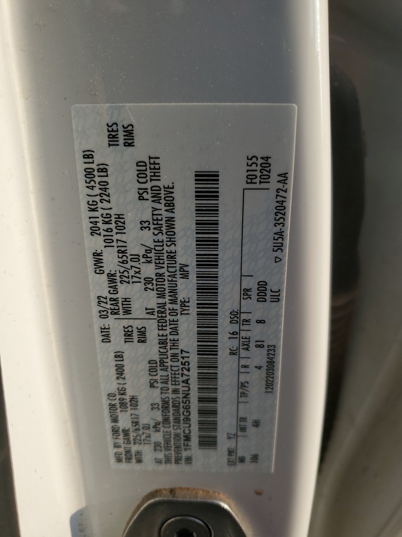 1FMCU9G65NUA72517 2022 Ford Escape Se