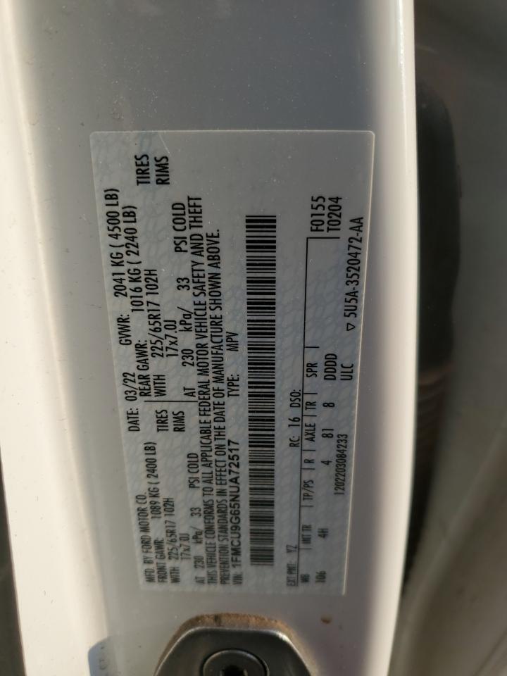 2022 Ford Escape Se VIN: 1FMCU9G65NUA72517 Lot: 65243104