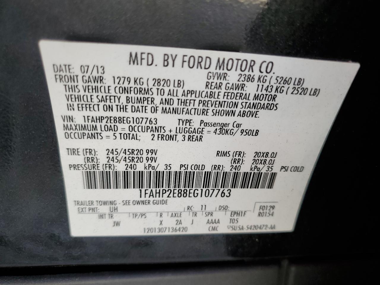 2014 Ford Taurus Sel VIN: 1FAHP2E88EG107763 Lot: 63010944