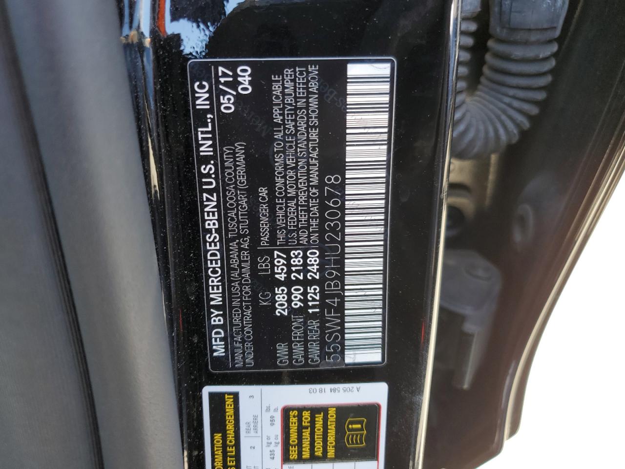 2017 Mercedes-Benz C 300 VIN: 55SWF4JB9HU230678 Lot: 62070014