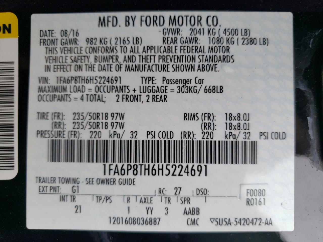 2017 Ford Mustang VIN: 1FA6P8TH6H5224691 Lot: 62350064