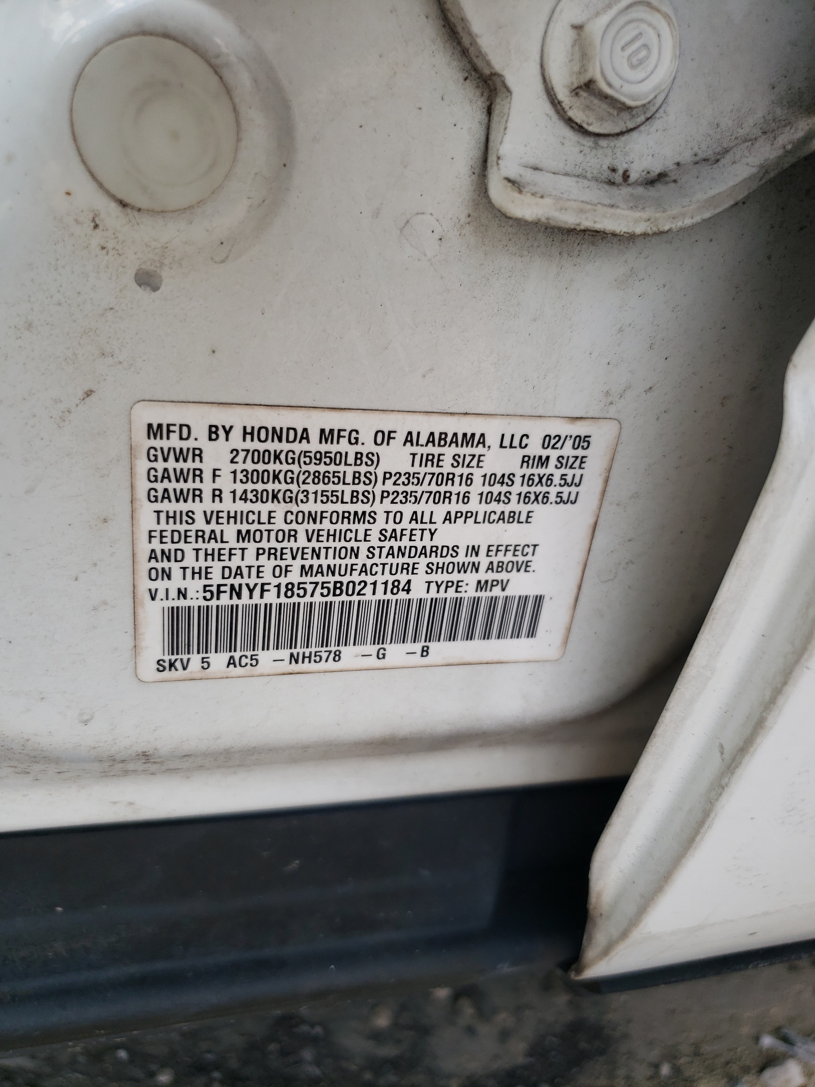 5FNYF18575B021184 2005 Honda Pilot Exl