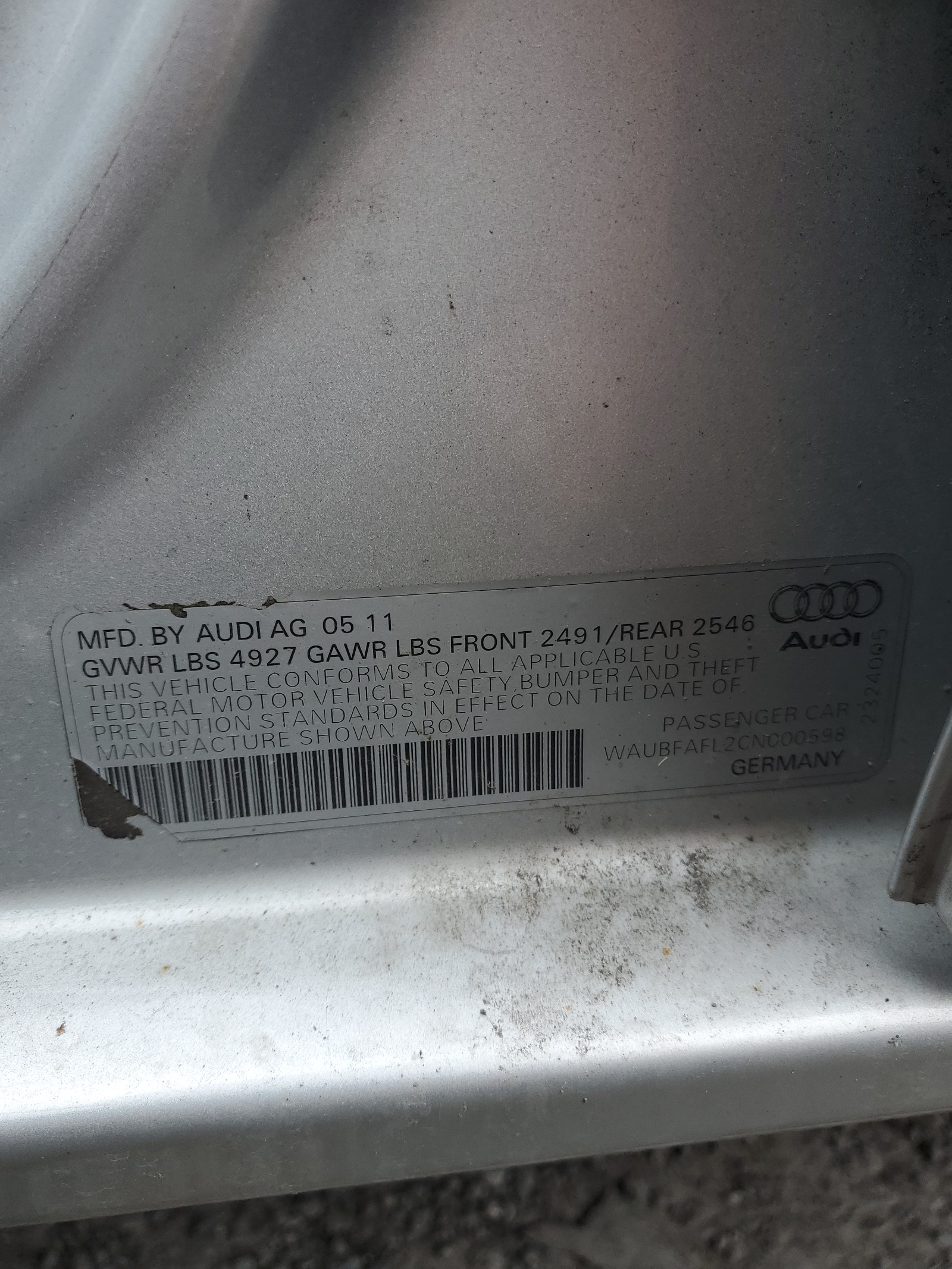 WAUBFAFL2CN000598 2012 Audi A4 Premium