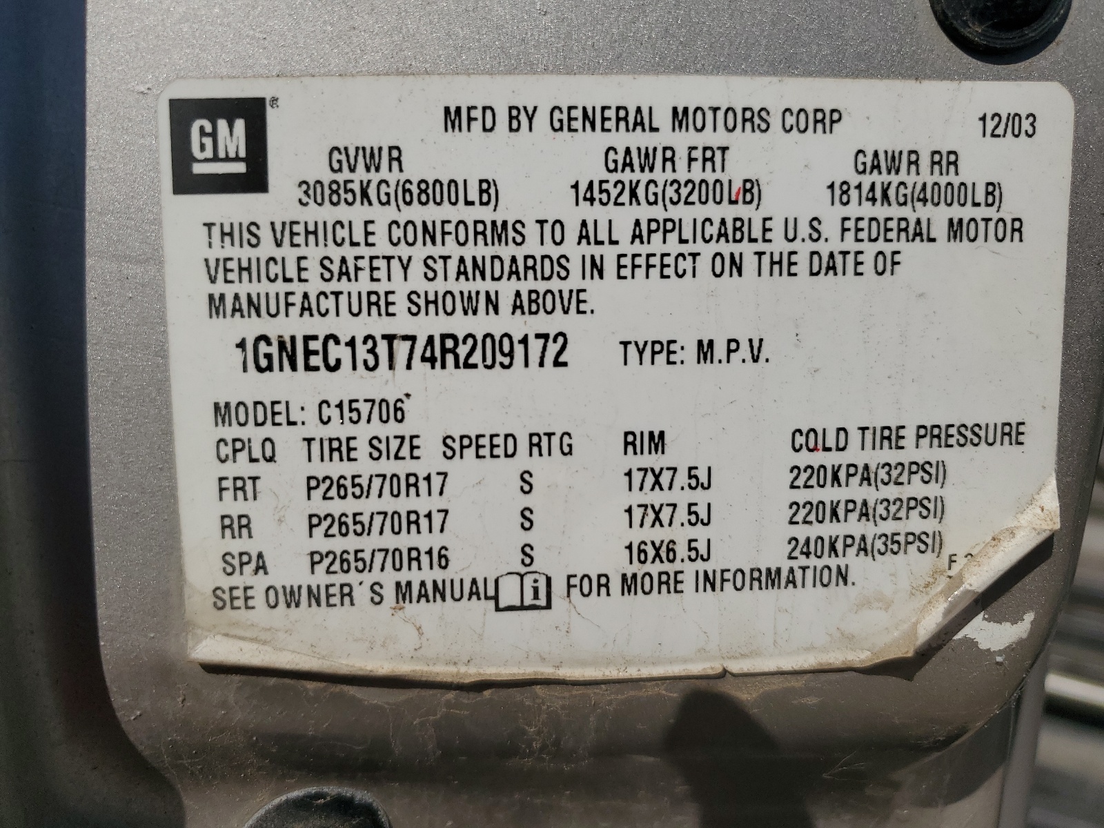 1GNEC13T74R209172 2004 Chevrolet Tahoe C1500