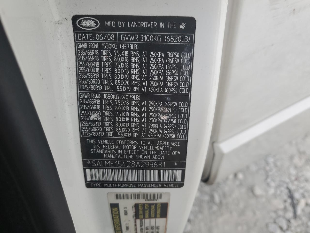 2008 Land Rover Range Rover Hse VIN: SALME15428A293631 Lot: 61607634