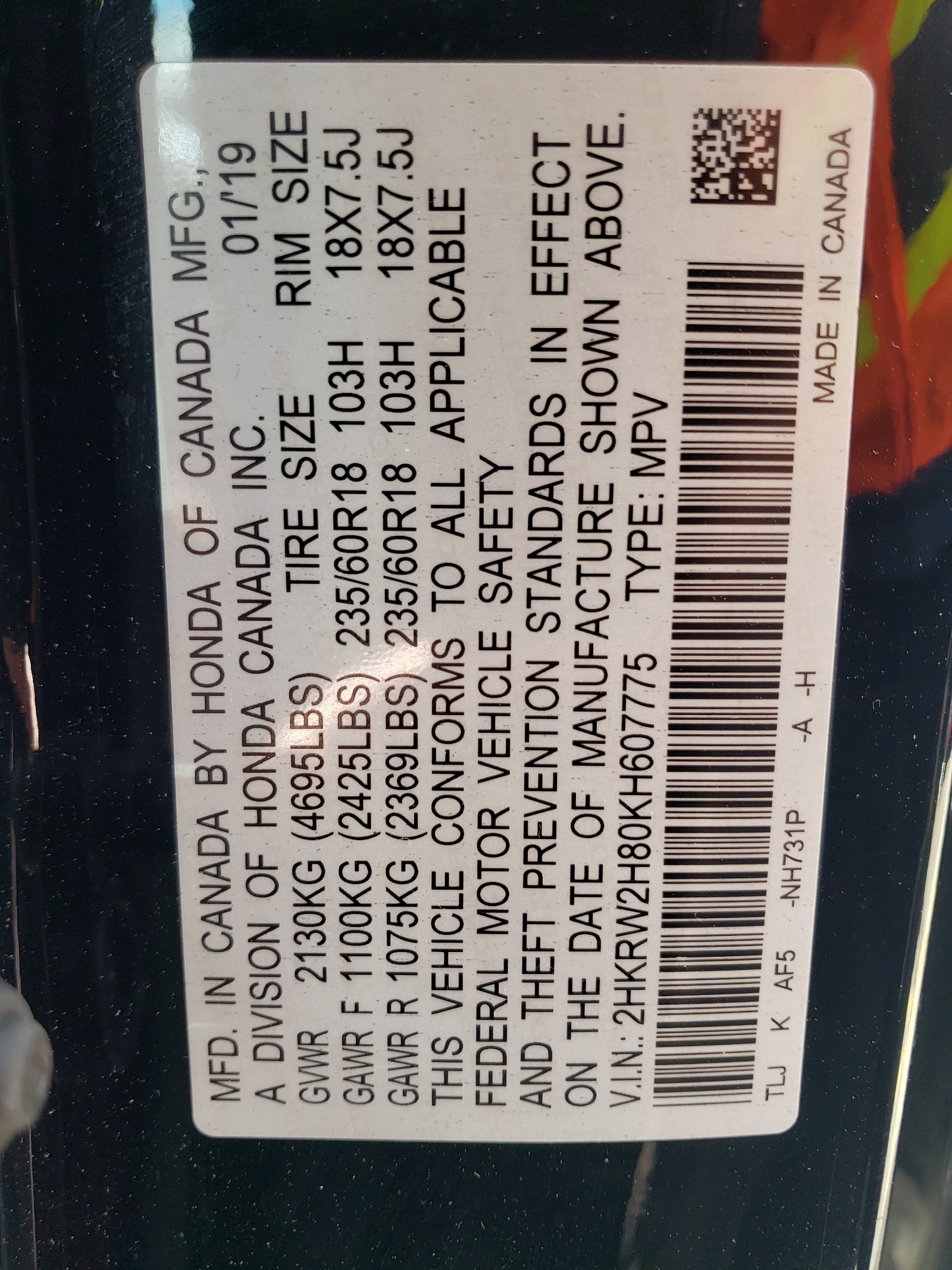 2HKRW2H80KH607775 2019 Honda Cr-V Exl