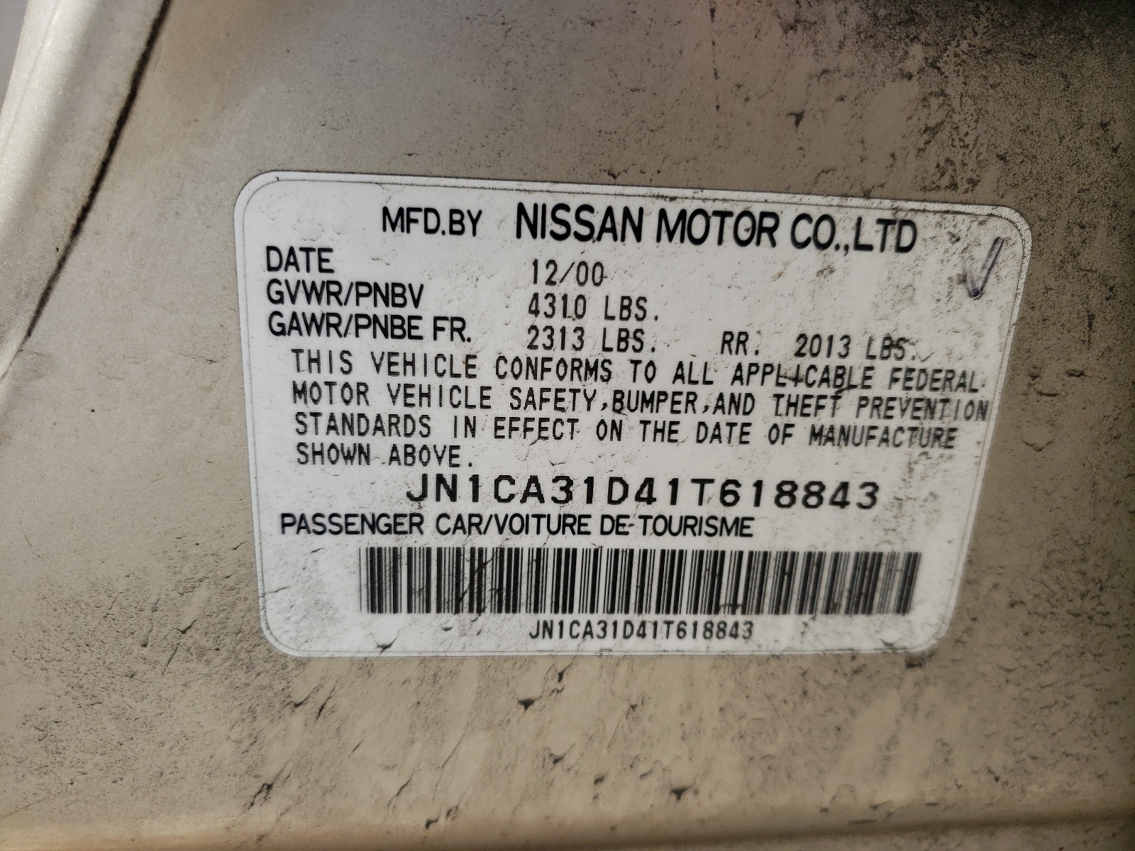 JN1CA31D41T618843 2001 Nissan Maxima Gxe