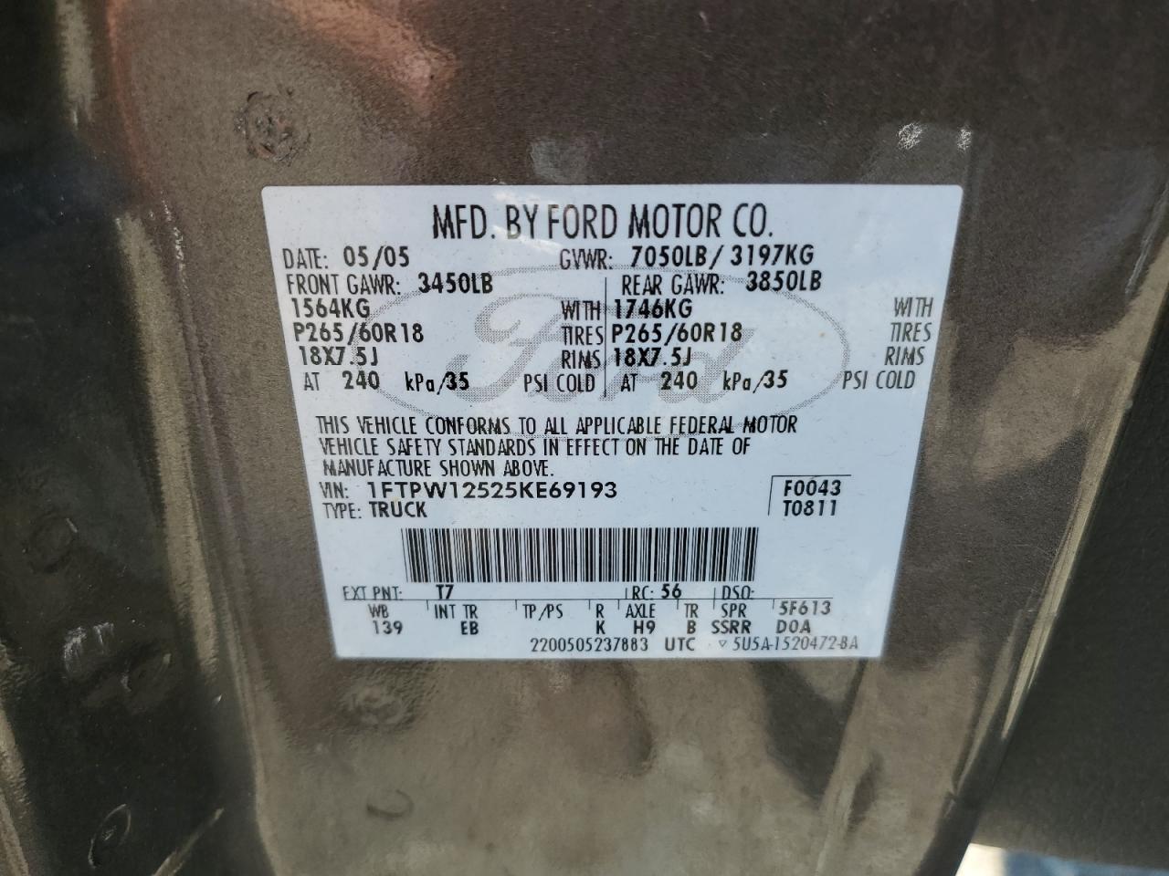 2005 Ford F150 Supercrew VIN: 1FTPW12525KE69193 Lot: 63633264