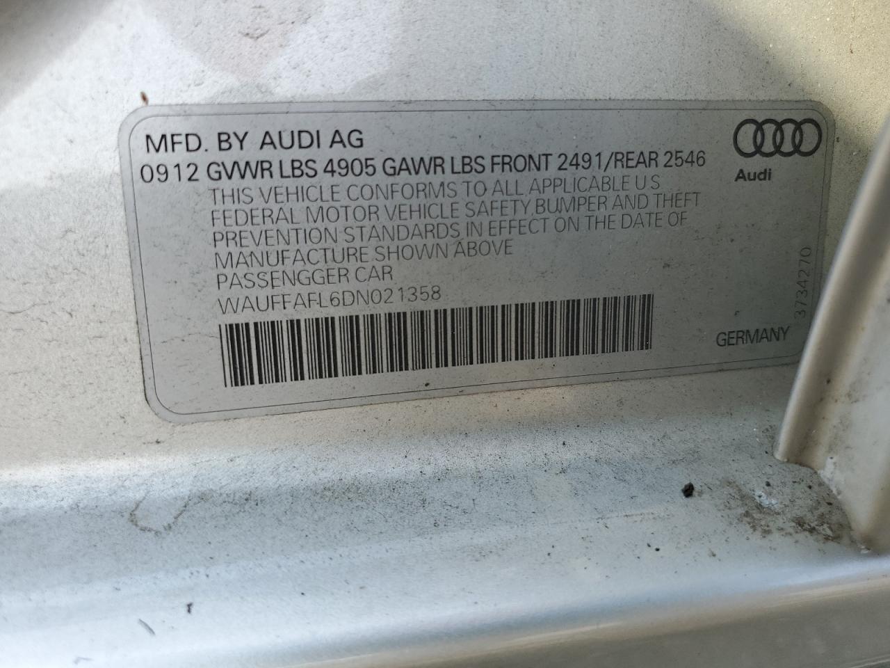 2013 Audi A4 Premium Plus VIN: WAUFFAFL6DN021358 Lot: 65059184