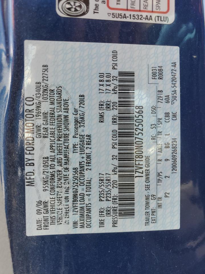 2007 Ford Mustang VIN: 1ZVFT80N075250568 Lot: 64155004