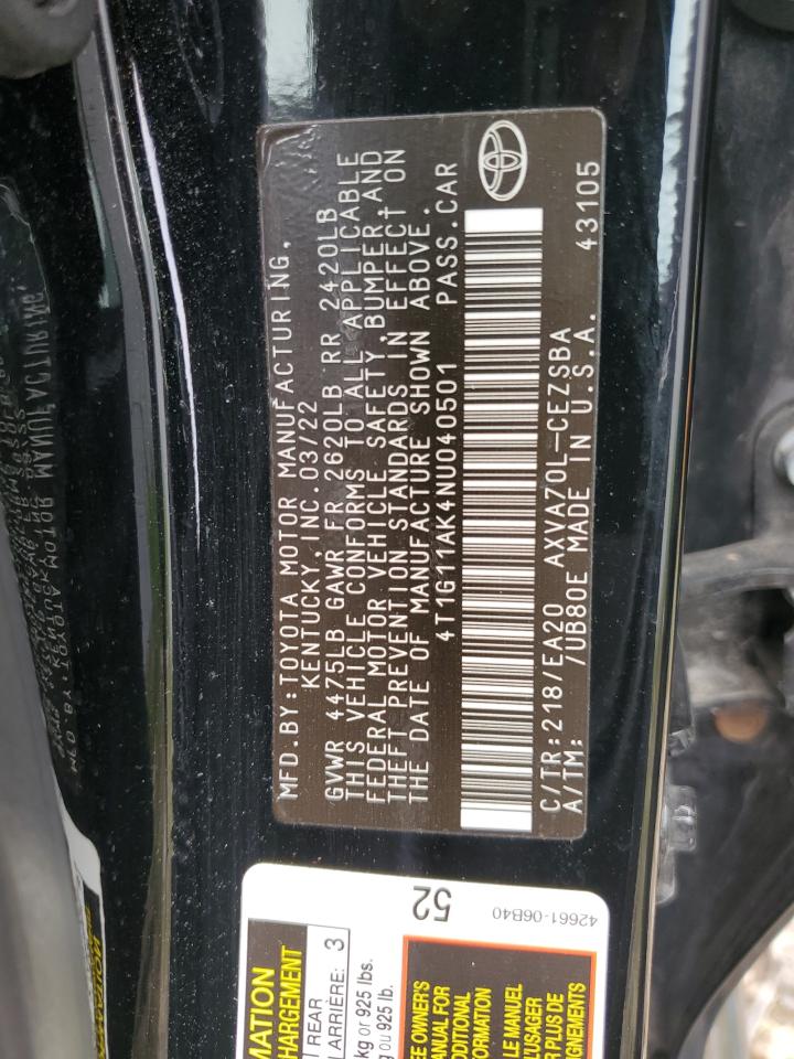 4T1G11AK4NU040501 2022 Toyota Camry Se