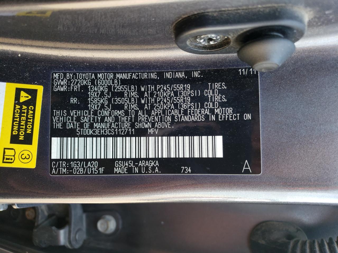 2012 Toyota Highlander Limited VIN: 5TDDK3EH3CS112711 Lot: 65626784