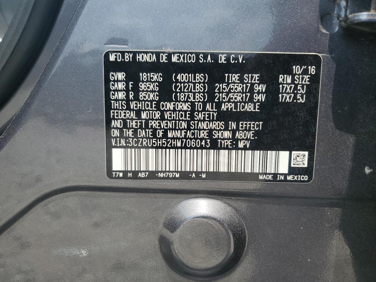 3CZRU5H52HM706043 2017 Honda Hr-V Ex