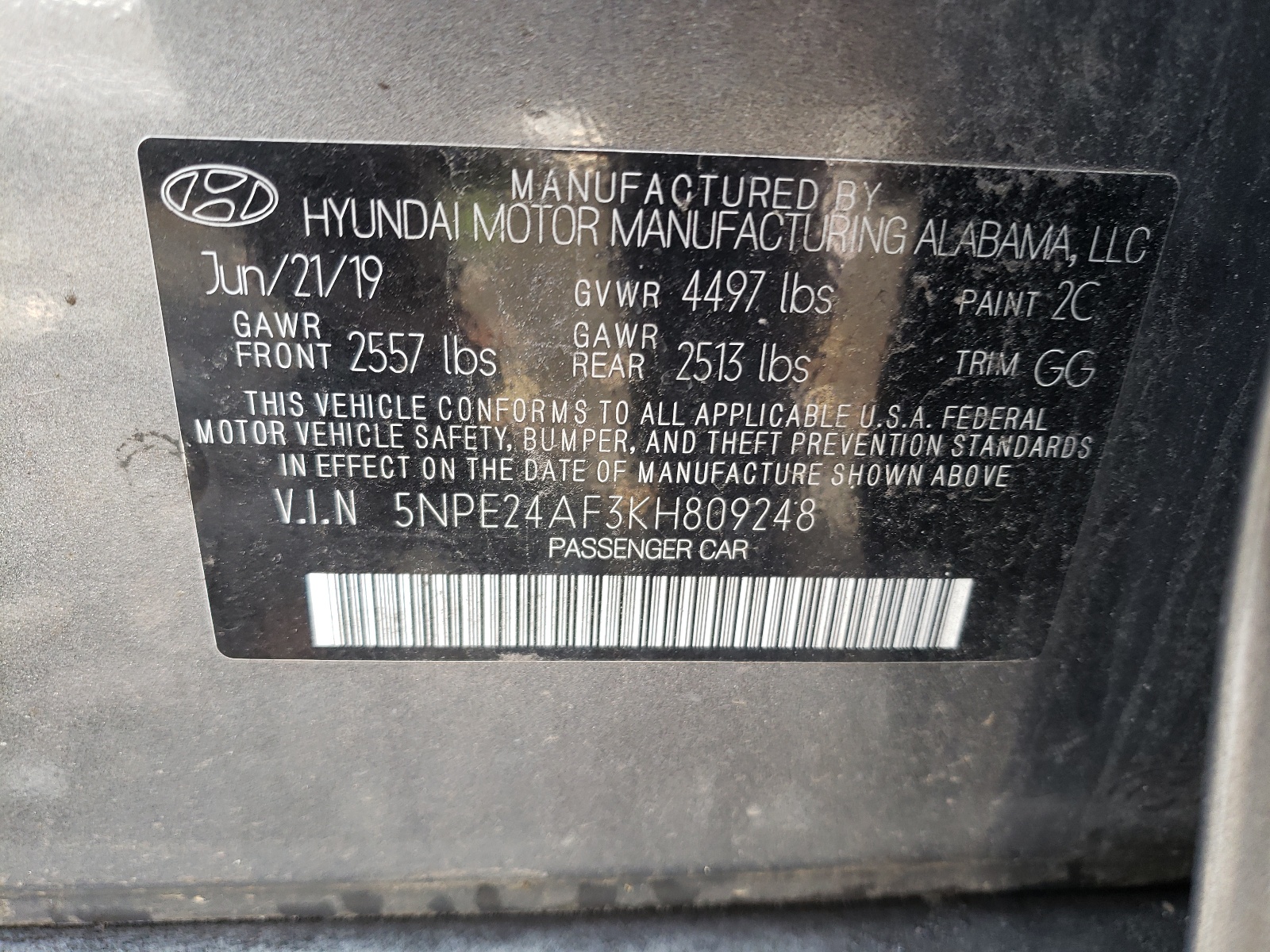 2019 Hyundai Sonata Se vin: 5NPE24AF3KH809248