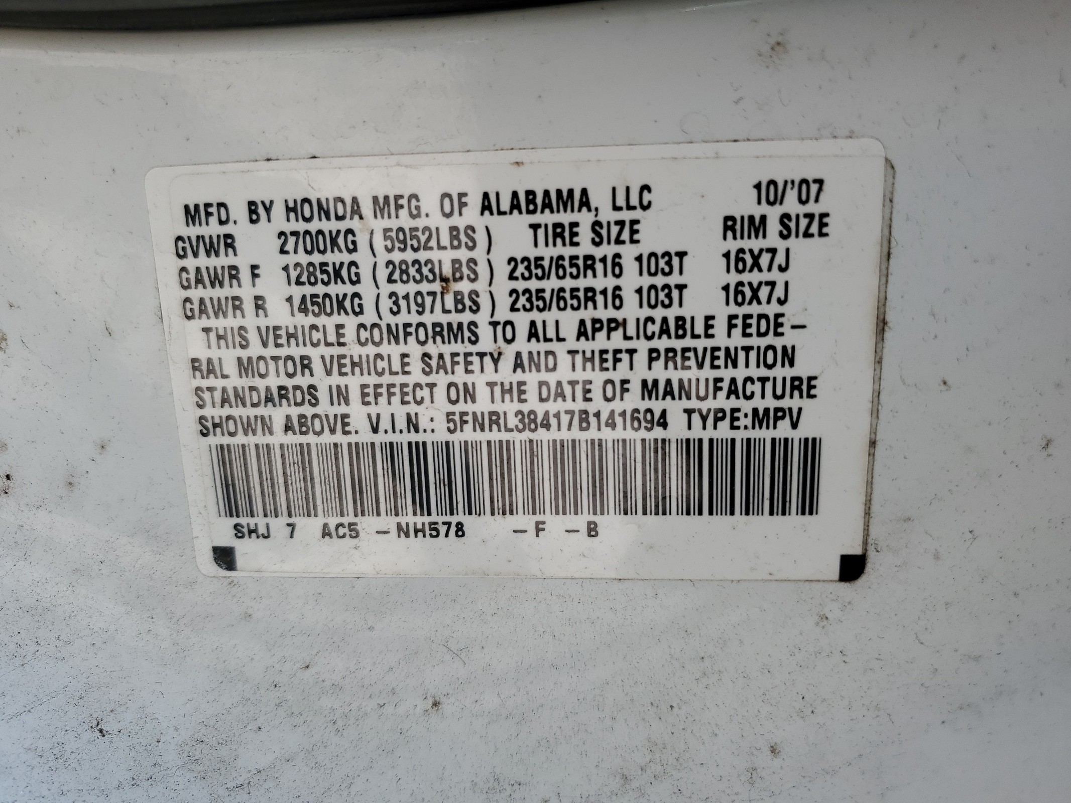 5FNRL38417B141694 2007 Honda Odyssey Ex