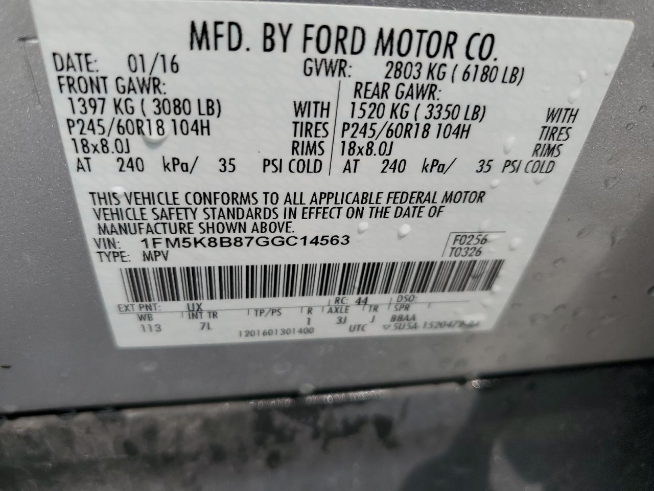 2016 Ford Explorer VIN: 1FM5K8B87GGC14563 Lot: 63599704