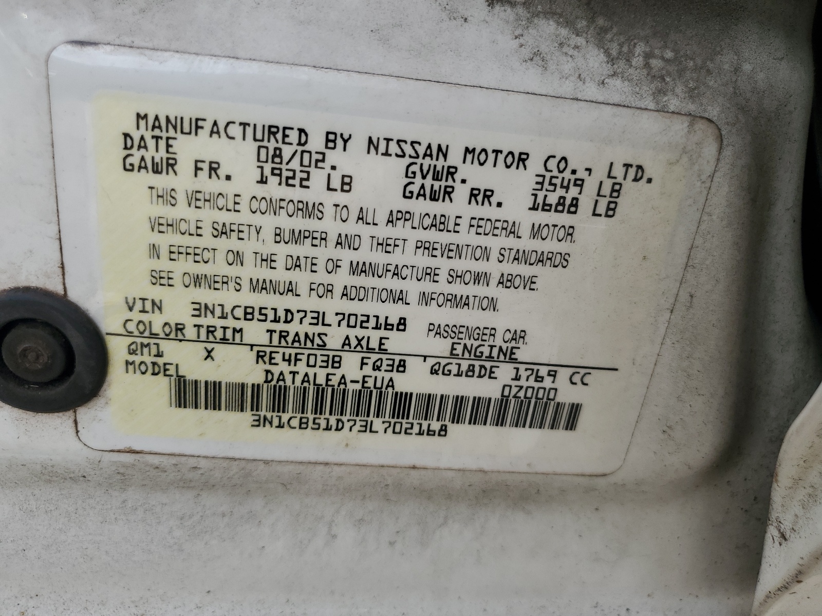 3N1CB51D73L702168 2003 Nissan Sentra Xe
