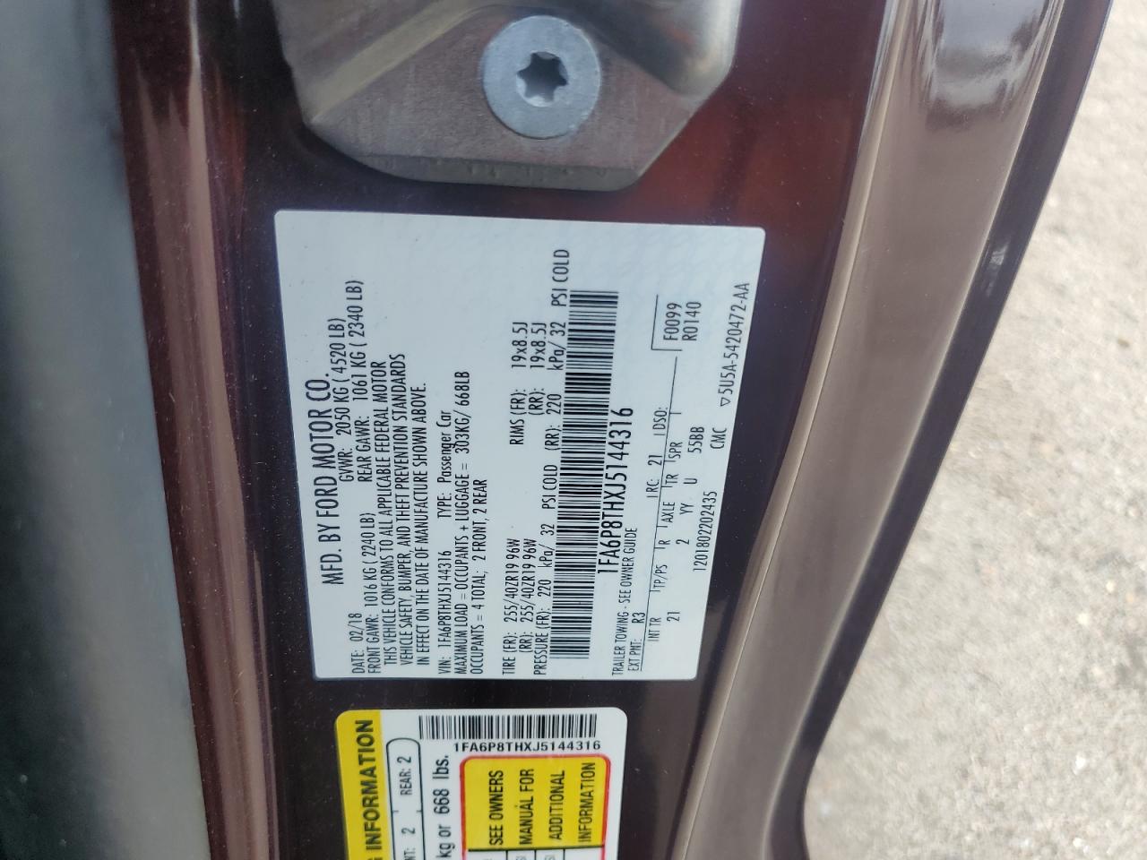 2018 Ford Mustang VIN: 1FA6P8THXJ5144316 Lot: 64143474