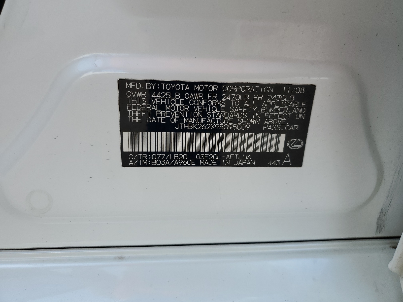 JTHBK262X95095009 2009 Lexus Is 250