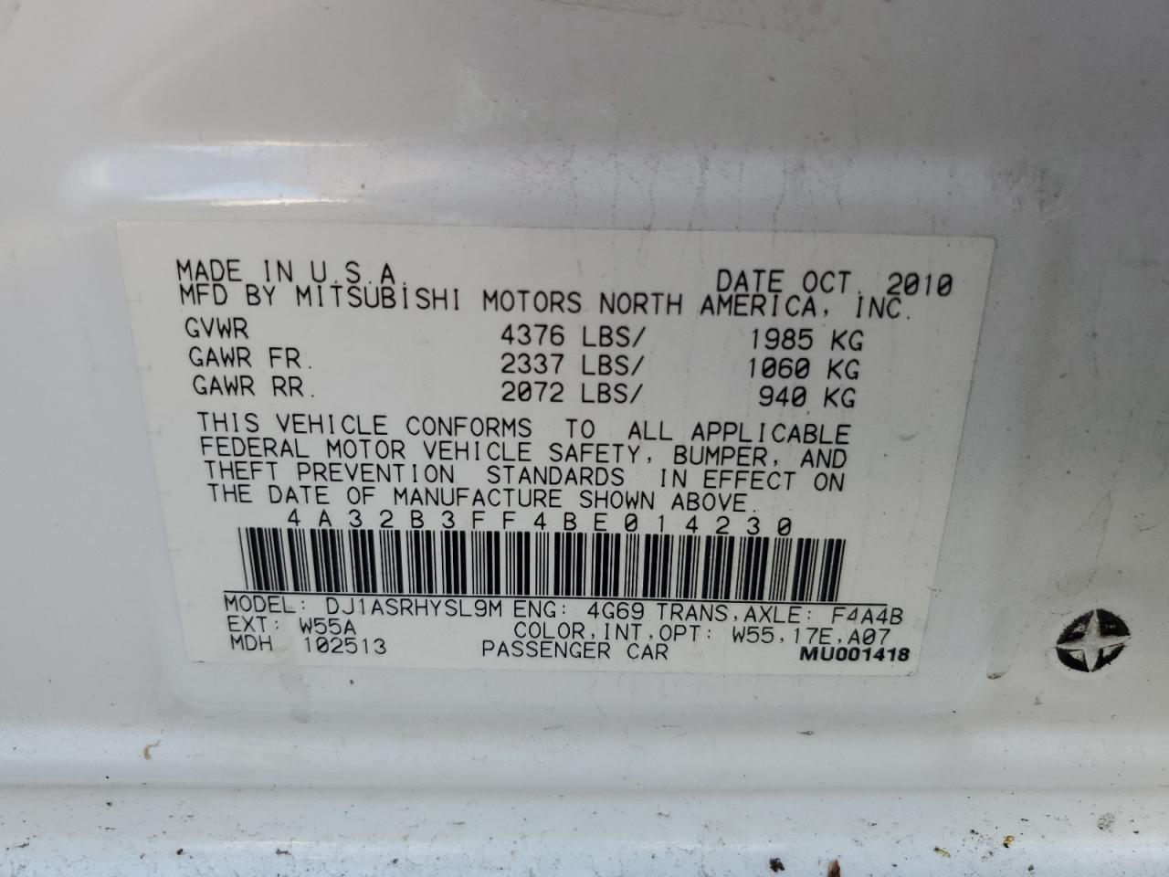 2011 Mitsubishi Galant Es VIN: 4A32B3FF4BE014230 Lot: 59695104