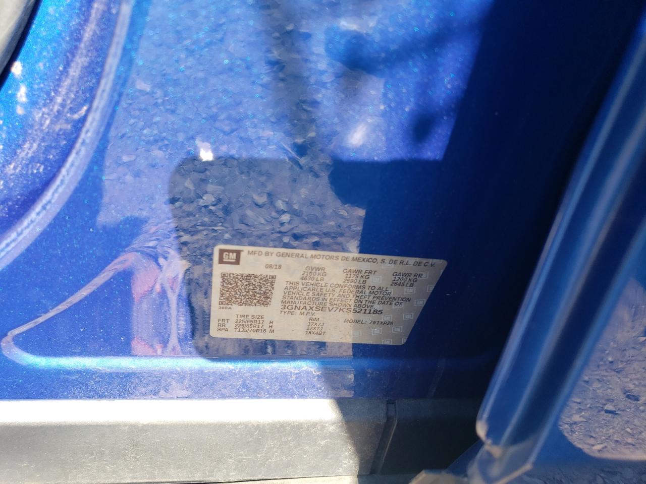 2019 Chevrolet Equinox Ls VIN: 3GNAXSEV7KS521185 Lot: 62936084