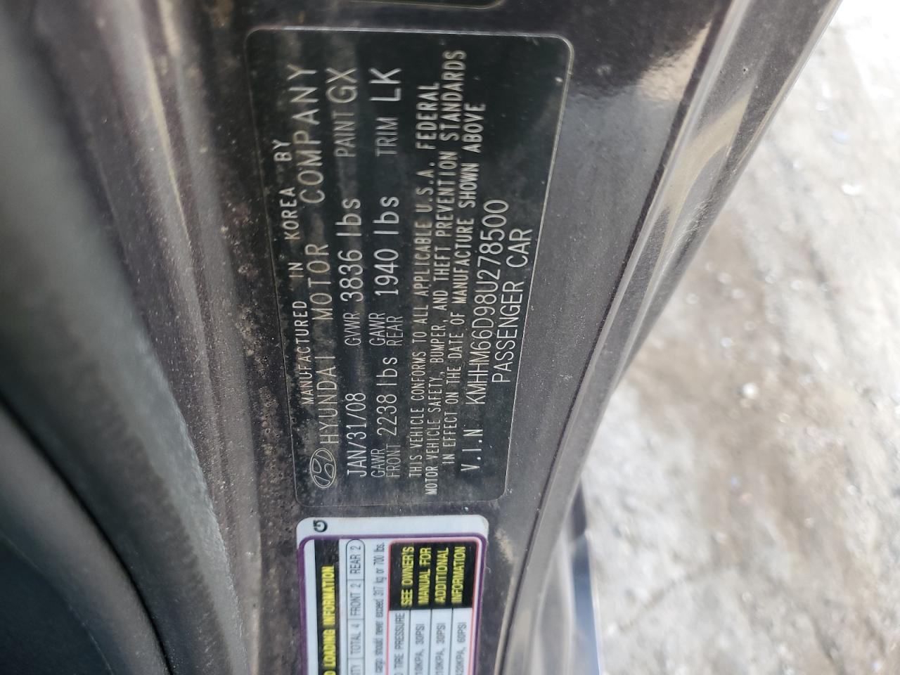 2008 Hyundai Tiburon Gs VIN: KMHHM66D98U278500 Lot: 62644914