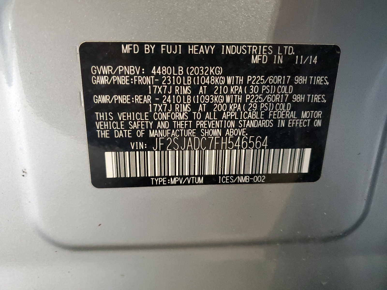 JF2SJADC7FH546564 2015 Subaru Forester 2.5I Premium