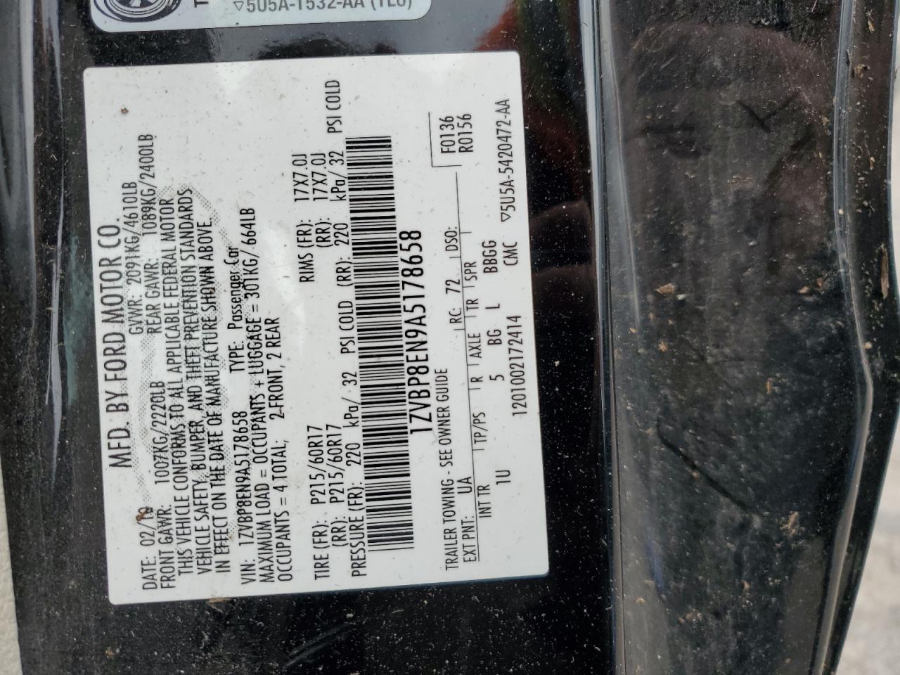 2010 Ford Mustang VIN: 1ZVBP8EN9A5178658 Lot: 64690904