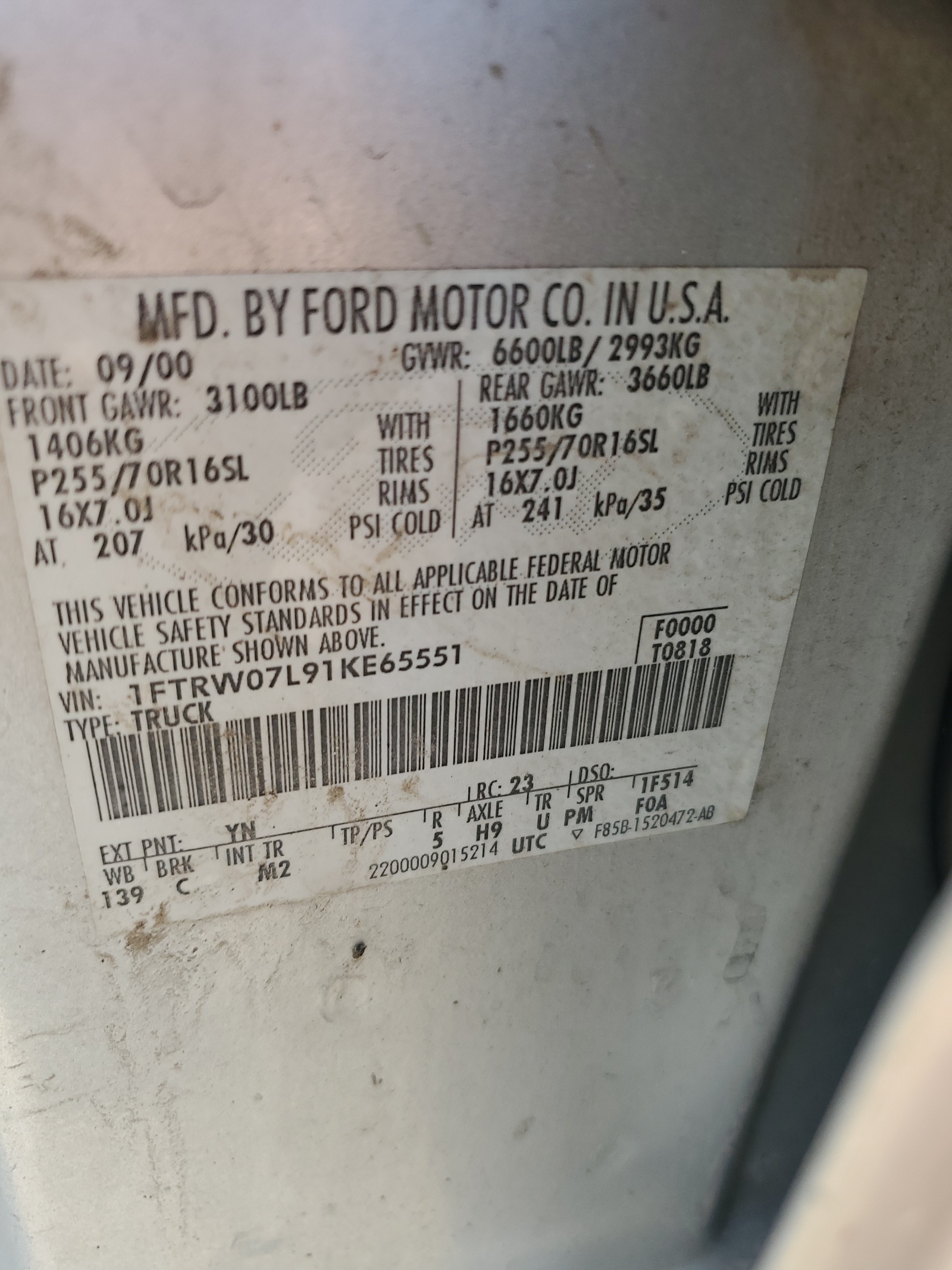 1FTRW07L91KE65551 2001 Ford F150 Supercrew