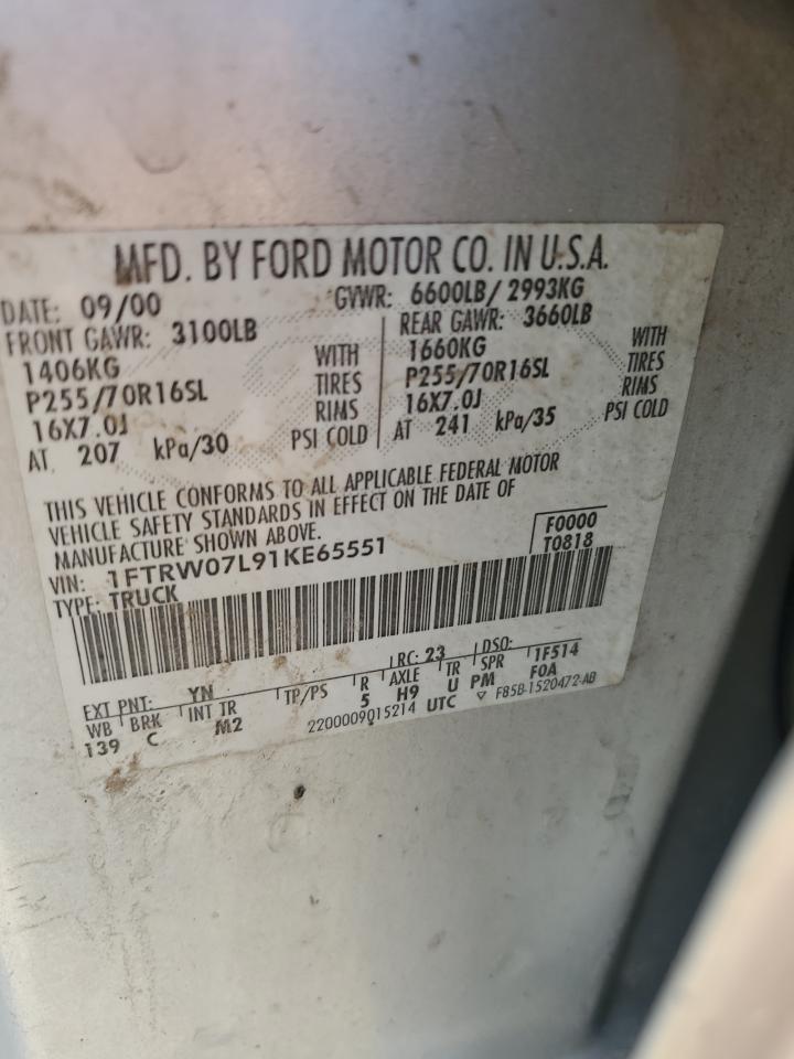 2001 Ford F150 Supercrew VIN: 1FTRW07L91KE65551 Lot: 62008714