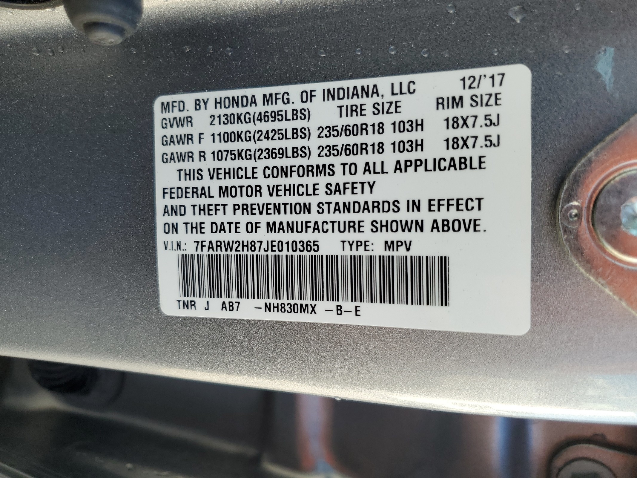 7FARW2H87JE010365 2018 Honda Cr-V Exl