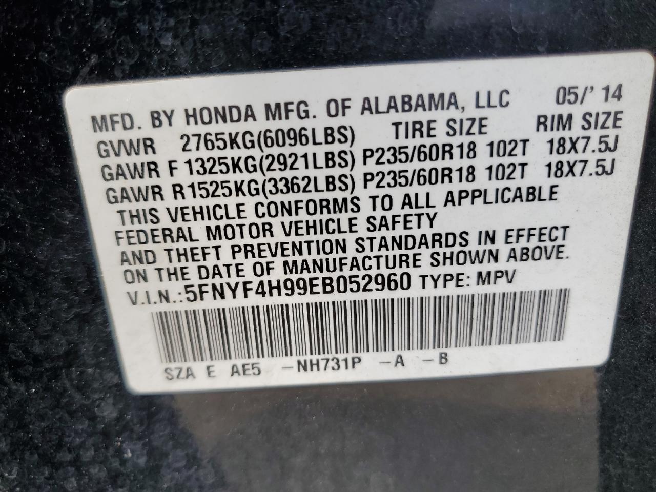 2014 Honda Pilot Touring VIN: 5FNYF4H99EB052960 Lot: 64507564