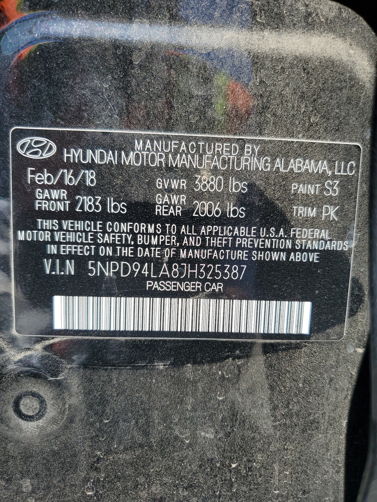 5NPD94LA8JH325387 2018 Hyundai Elantra Eco