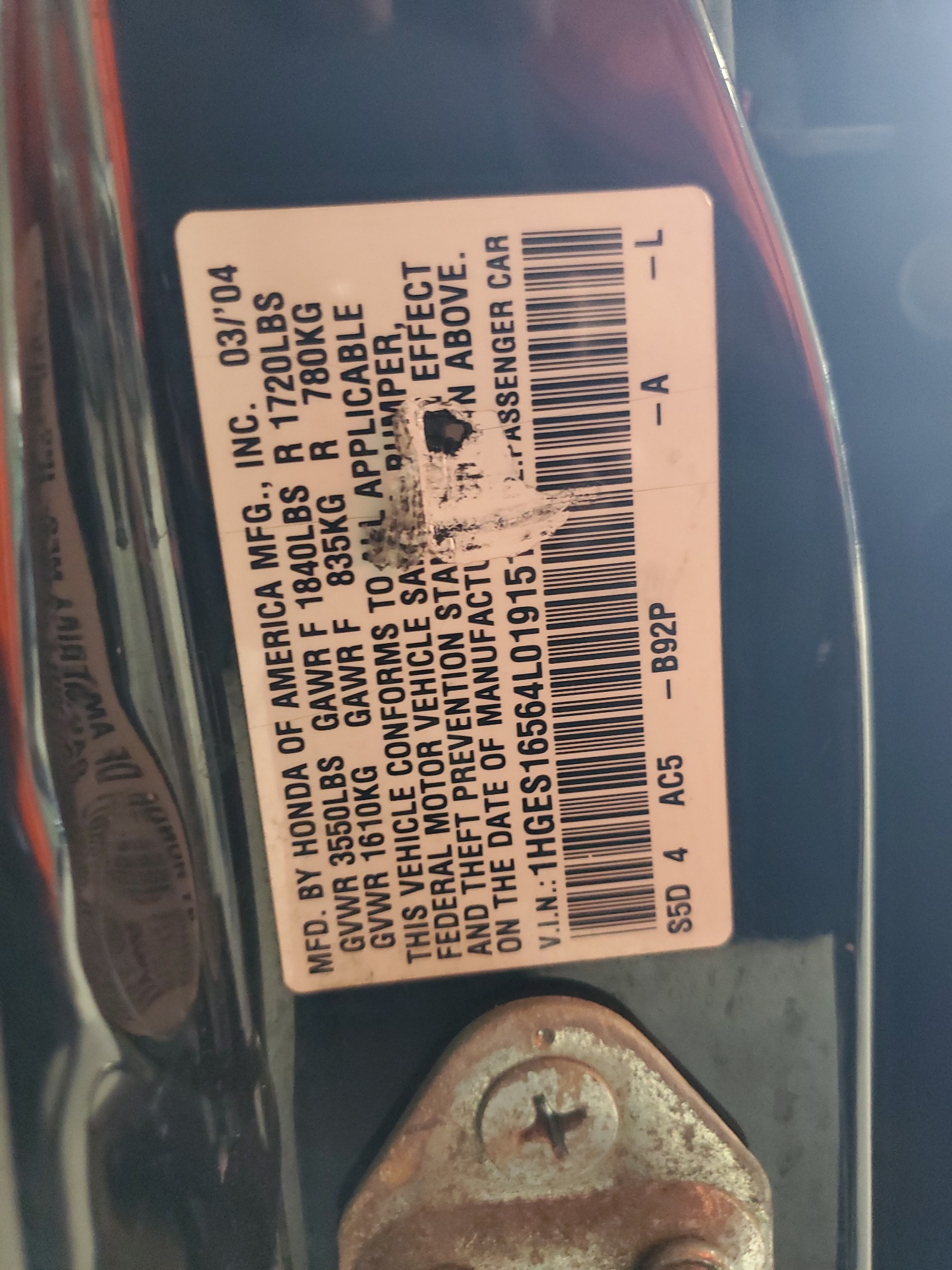 1HGES16564L019151 2004 Honda Civic Lx