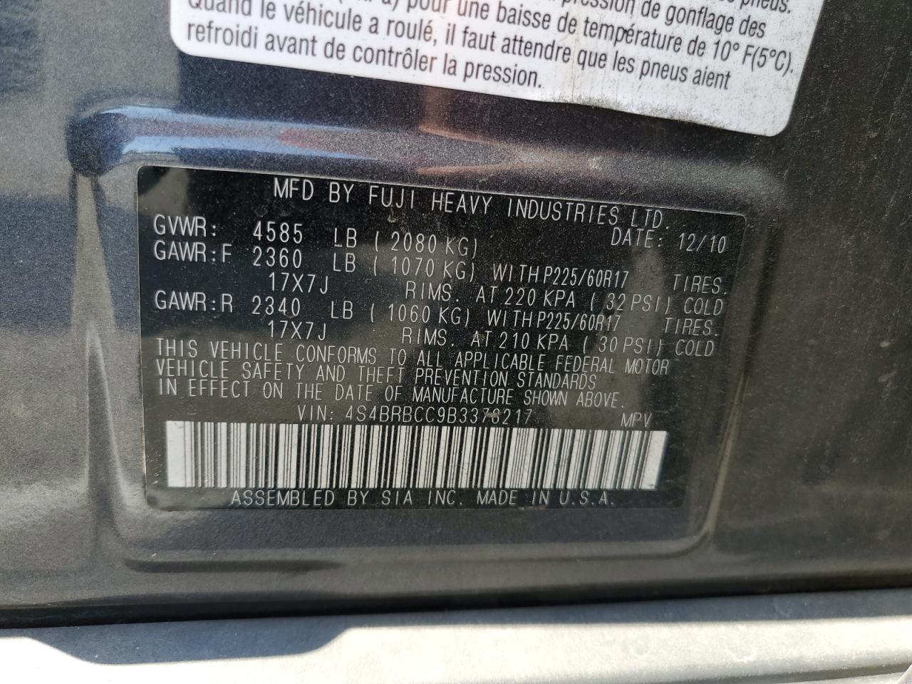 2011 Subaru Outback 2.5I Premium VIN: 4S4BRBCC9B3378217 Lot: 64717554