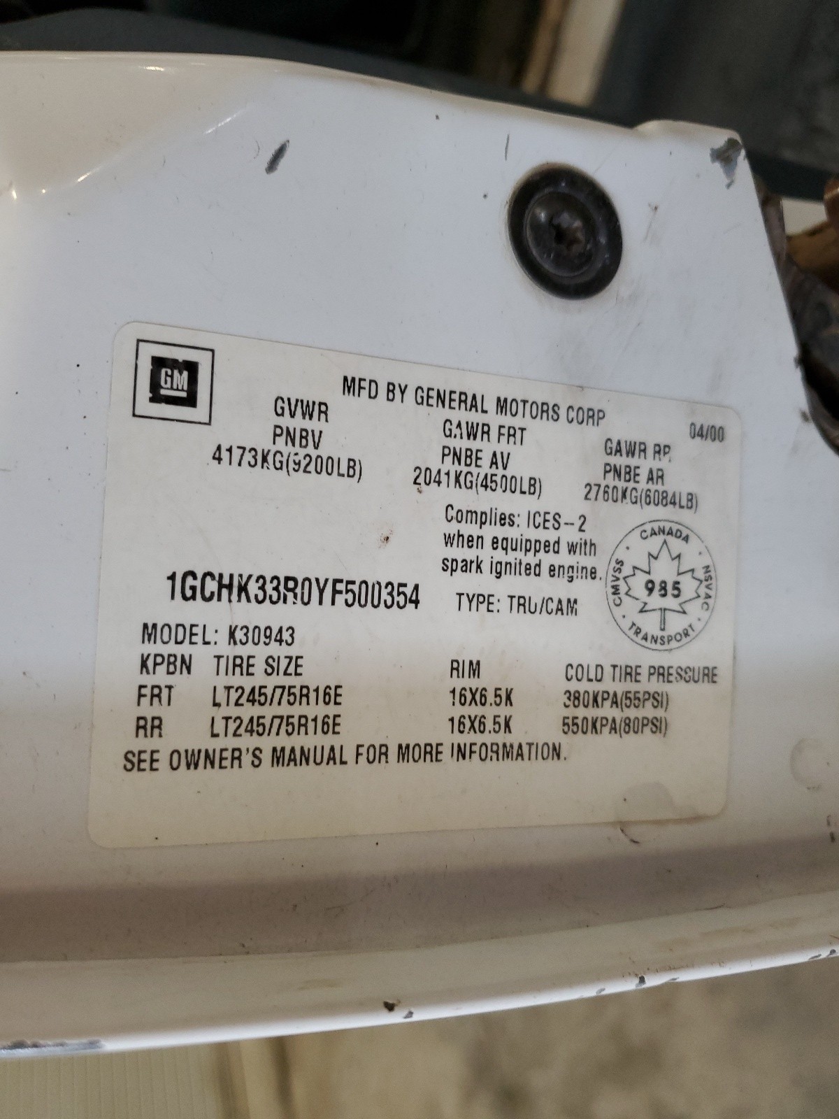 1GCHK33R0YF500354 2000 Chevrolet Gmt-400 K3500