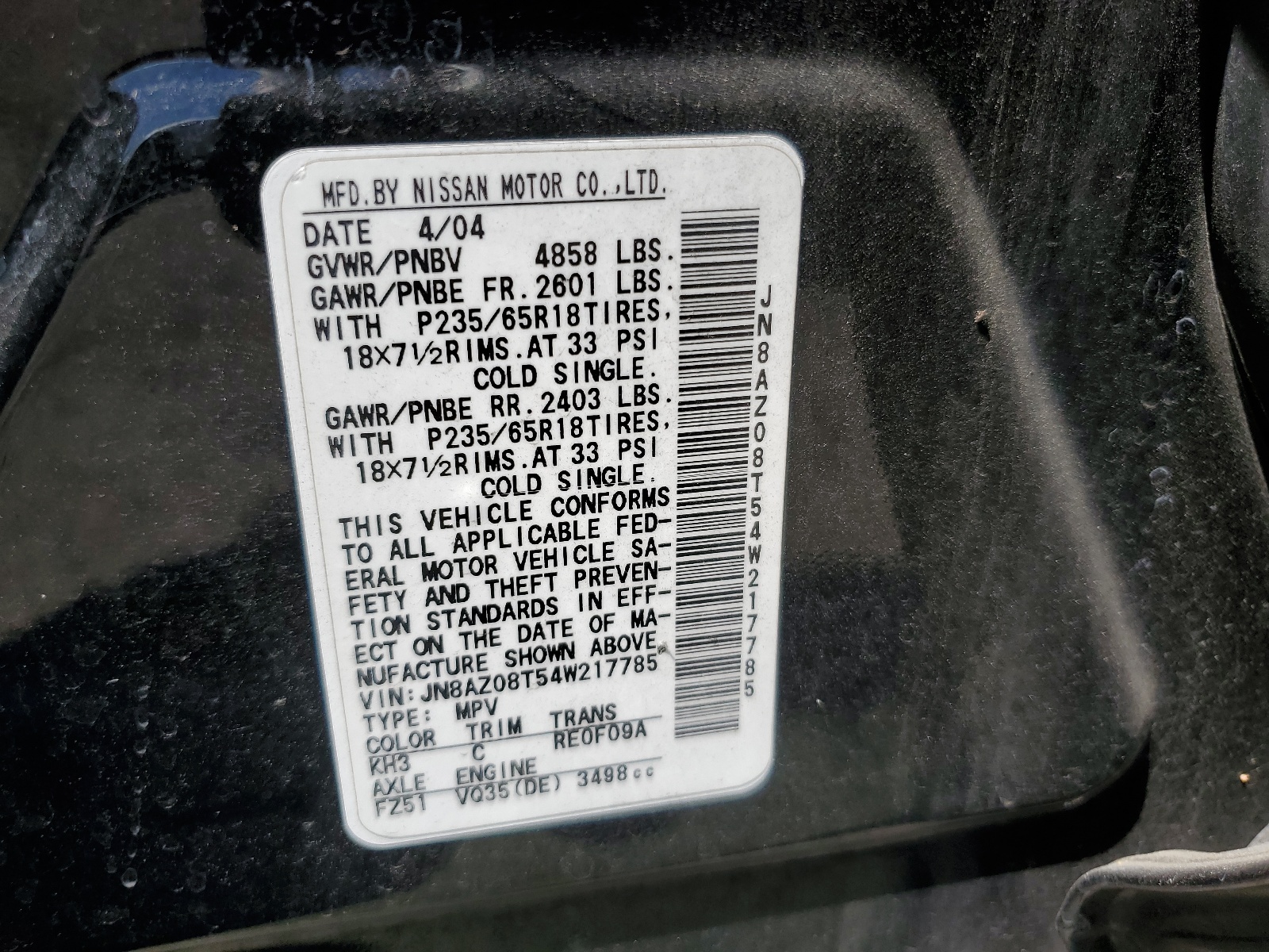 JN8AZ08T54W217785 2004 Nissan Murano Sl